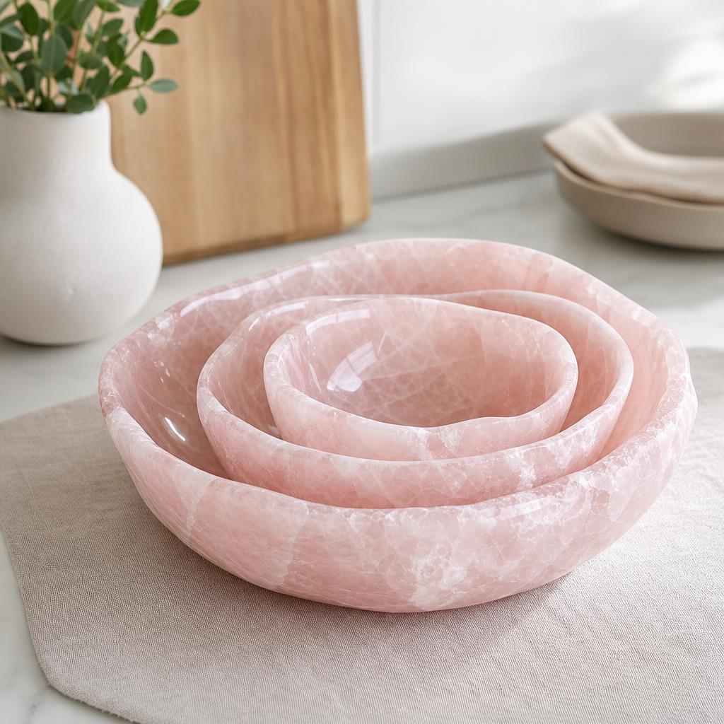 Bowls de Pedra Natural Quartzo — Conjunto com 3 Peças (Verde ou Rosa)