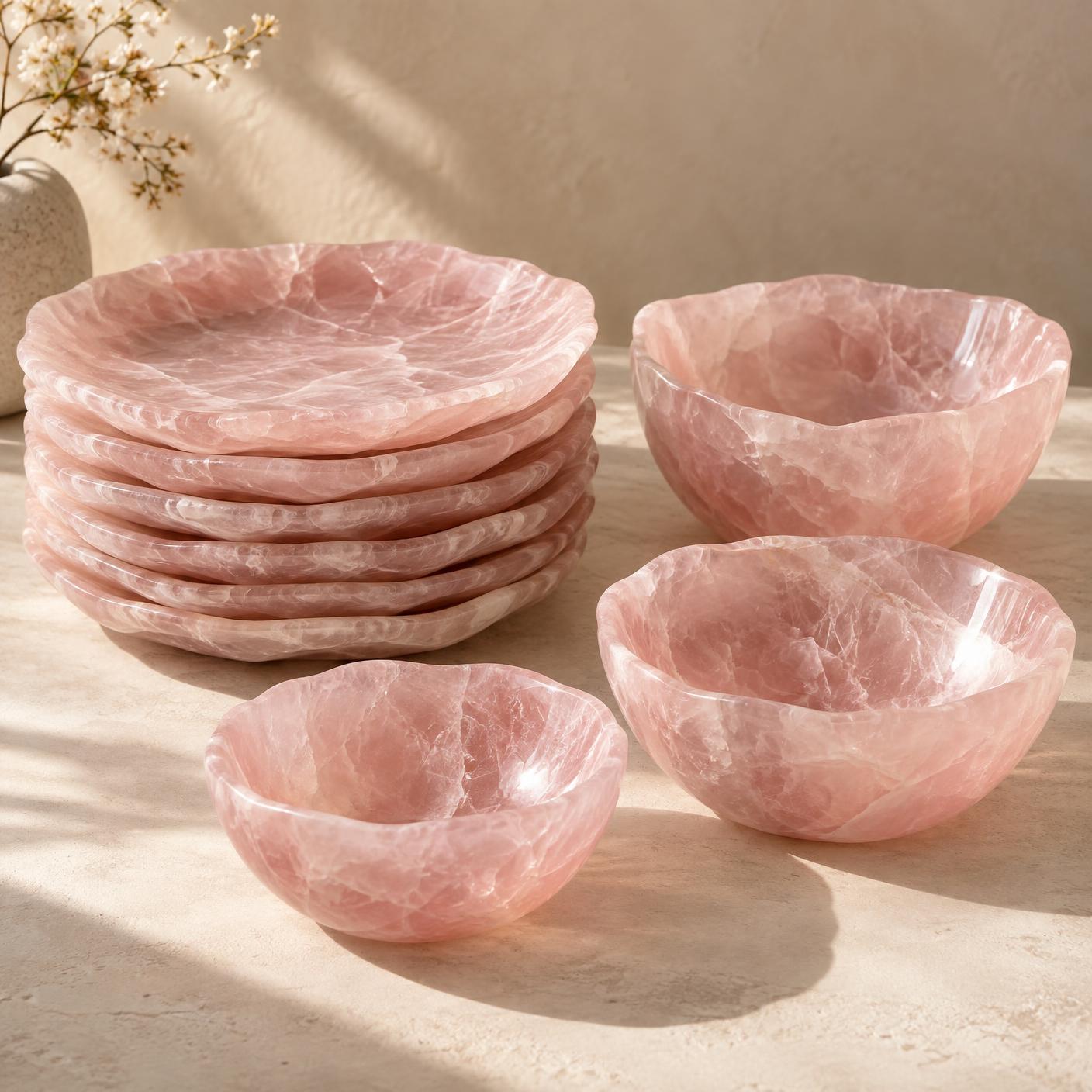 Jogo de Pratos em Pedra Natural Quartzo — 9 Peças (Verde ou Rosa)